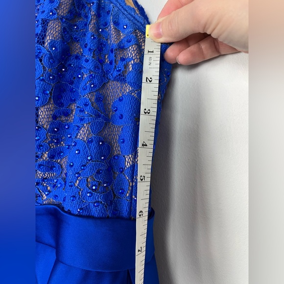 Jovani Blue Lace High Neck Lace Bodice Satin Long Dress Corset Back - Picture 15 of 16